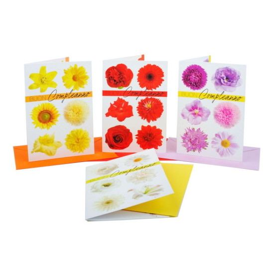 Biglietti auguri COMPLEANNO fiori glitter 12pz