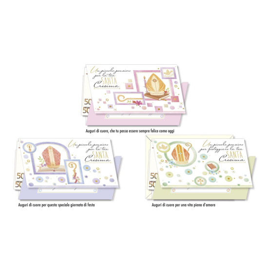 Biglietti auguri CRESIMA oro e colore portasoldi 12pz