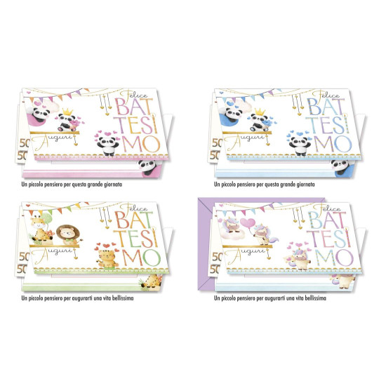 Biglietti auguri BATTESIMO cucciolotti portasoldi 12pz