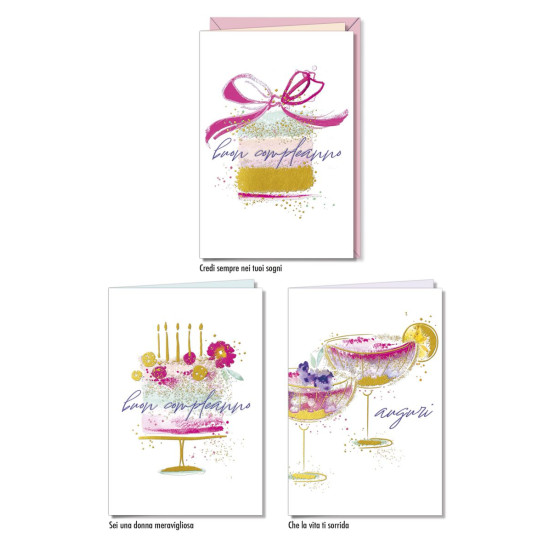 Biglietti auguri COMPLEANNO femminili oro 12pz Biglietti auguri COMPLEANNO femminili oro 12pz