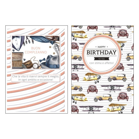 Biglietti auguri COMPLEANNO maschile rame e rilievo 12pz