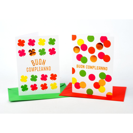 Biglietti auguri COMPLEANNO fluo con rame e rilievo 12pz Biglietti auguri COMPLEANNO fluo con rame e rilievo 12pz