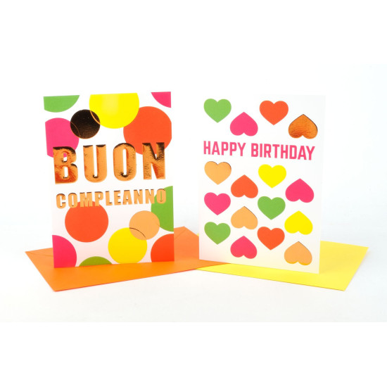 Biglietti auguri COMPLEANNO fluo con rame e rilievo 12pz Biglietti auguri COMPLEANNO fluo con rame e rilievo 12pz