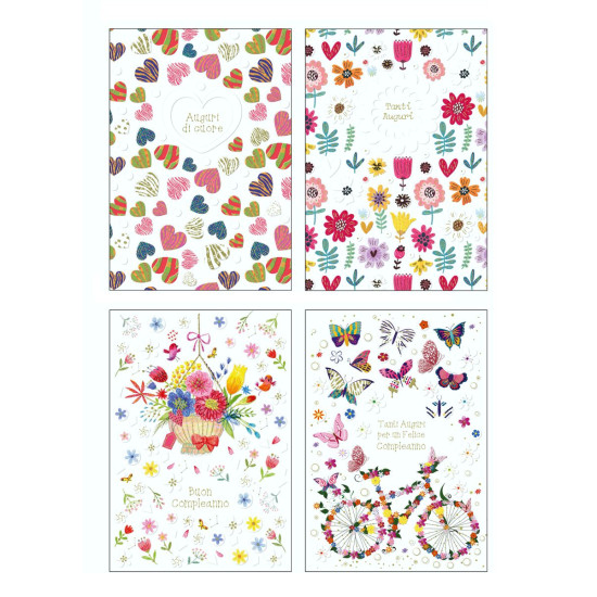 Biglietti auguri COMPLEANNO fiori e farfalle oro e rilievo 12pz Biglietti auguri COMPLEANNO fiori e farfalle oro e rilievo 12pz