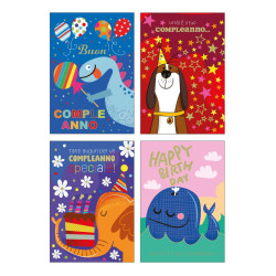 Biglietti auguri COMPLEANNO bimbi con foil olografico 12pz