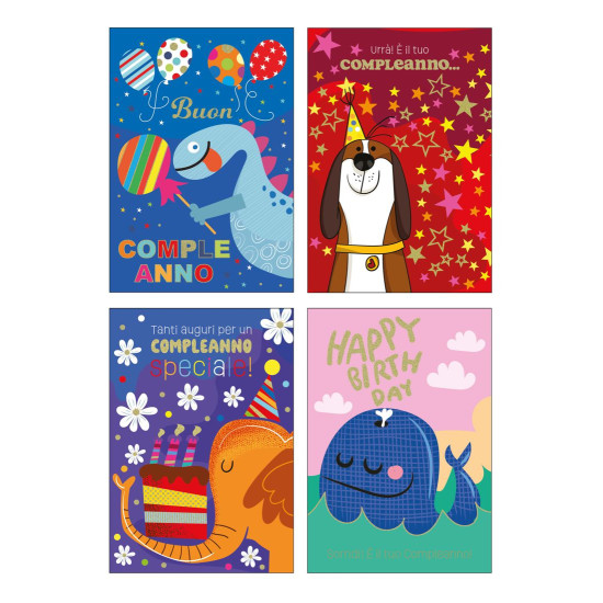 Biglietti auguri COMPLEANNO bimbi con foil olografico 12pz