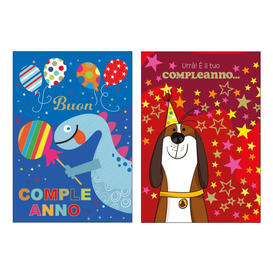 Biglietti auguri COMPLEANNO bimbi con foil olografico 12pz