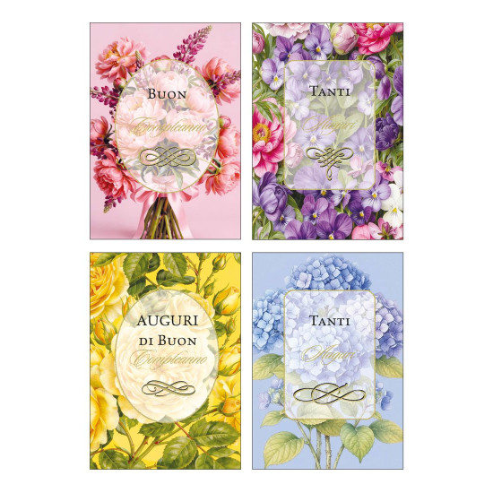 Biglietti auguri COMPLEANNO fiori foil oro 12pz