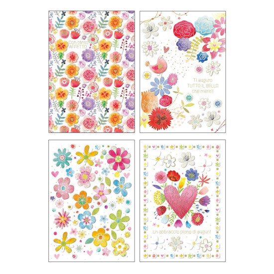 Biglietti auguri COMPLEANNO FIORI oro/rilievo 12pz
