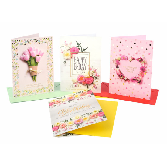 Biglietti auguri COMPLEANNO floreale oro 12pz