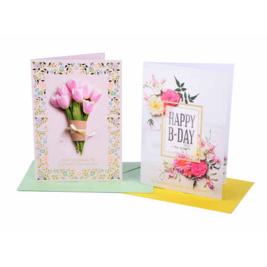 Biglietti auguri COMPLEANNO floreale oro 12pz