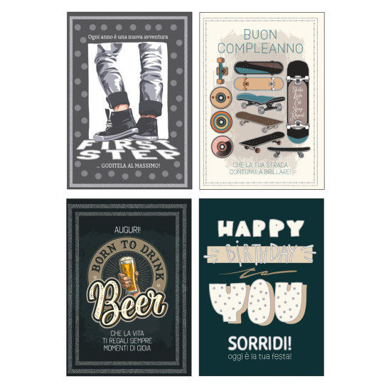Biglietti auguri COMPLEANNO maschile foil olografico 12pz Biglietti auguri COMPLEANNO maschile foil olografico 12pz