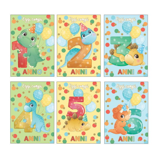 Biglietti compleanno DINO da 1 a 6 anni 24pz