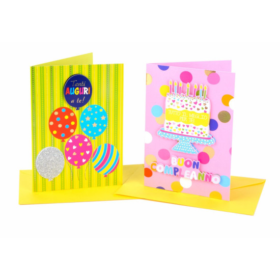 Biglietti auguri COMPLEANNO special con applicazioni e glitter 12pz Biglietti auguri COMPLEANNO special con applicazioni e glitter 12pz