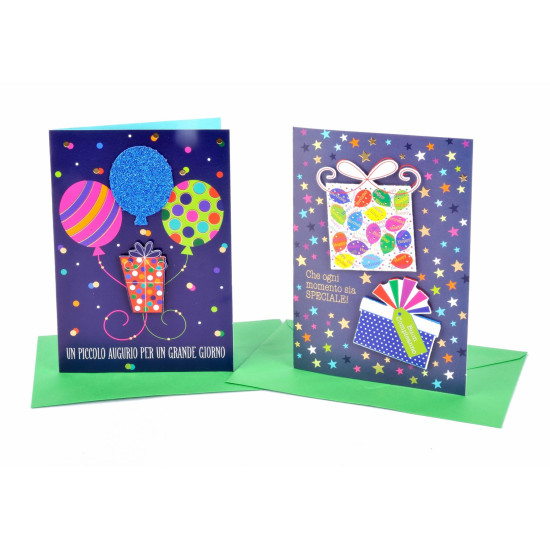 Biglietti auguri COMPLEANNO special con applicazioni e glitter 12pz Biglietti auguri COMPLEANNO special con applicazioni e glitter 12pz