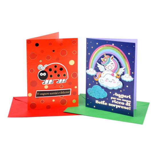 Biglietti auguri COMPLEANNO special con applicazioni e glitter 12pz