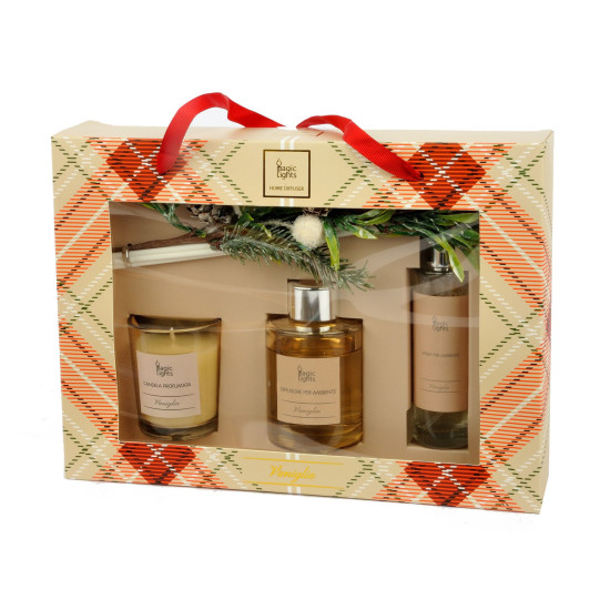 Set regalo profumato Vaniglia con candela, diffusore e spray
