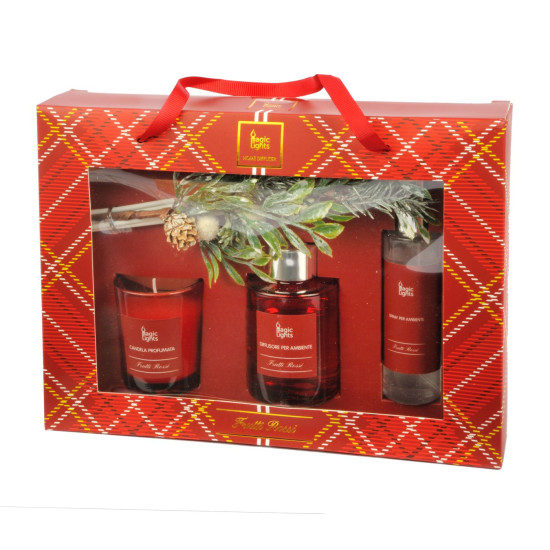 Set regalo profumato Frutti Rossi con candela, diffusore e spray Set regalo profumato Frutti Rossi con candela, diffusore e spray