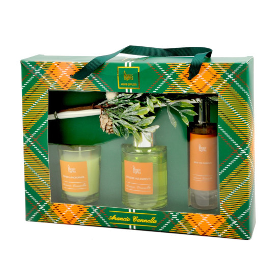 Set regalo profumato Arancio Cannella con candela, diffusore e spray Set regalo profumato Arancio Cannella con candela, diffusore e spray