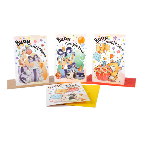Biglietti augurali COMPLEANNO animaletti con rotella 12pz Biglietti augurali COMPLEANNO animaletti con rotella 12pz