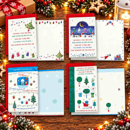 Biglietti auguri NATALE multilingue glitter 12pz Biglietti auguri NATALE multilingue glitter 12pz