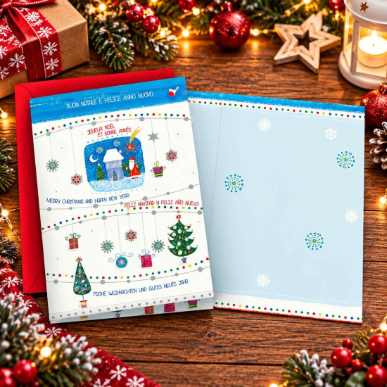 Biglietti auguri NATALE multilingue glitter 12pz Biglietti auguri NATALE multilingue glitter 12pz