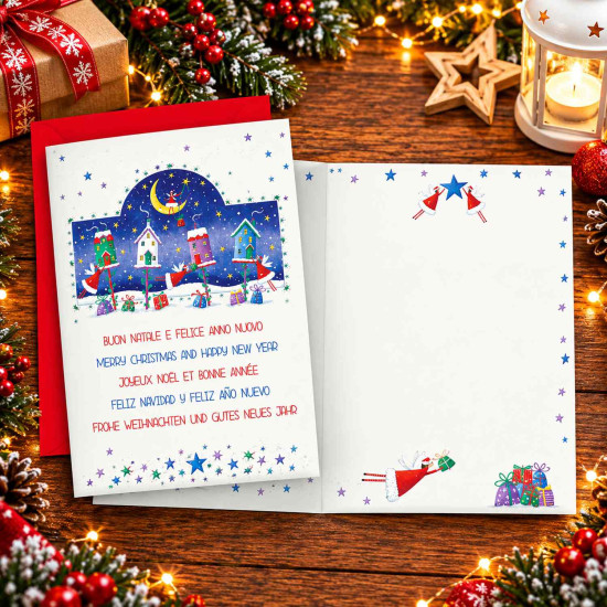 Biglietti auguri NATALE multilingue glitter 12pz Biglietti auguri NATALE multilingue glitter 12pz
