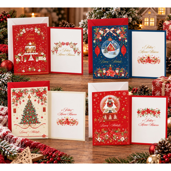 Biglietti Auguri Natale Oro e Glitter – 4 Soggetti – 12 Pezzi Biglietti Auguri Natale Oro e Glitter – 4 Soggetti – 12 Pezzi