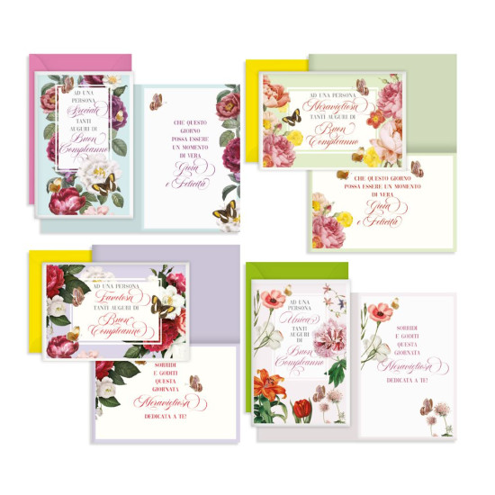 Biglietti auguri COMPLEANNO fiori 12pz