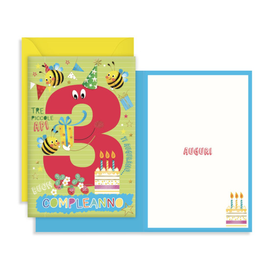 Biglietto auguri compleanno 3 anni - 6pz